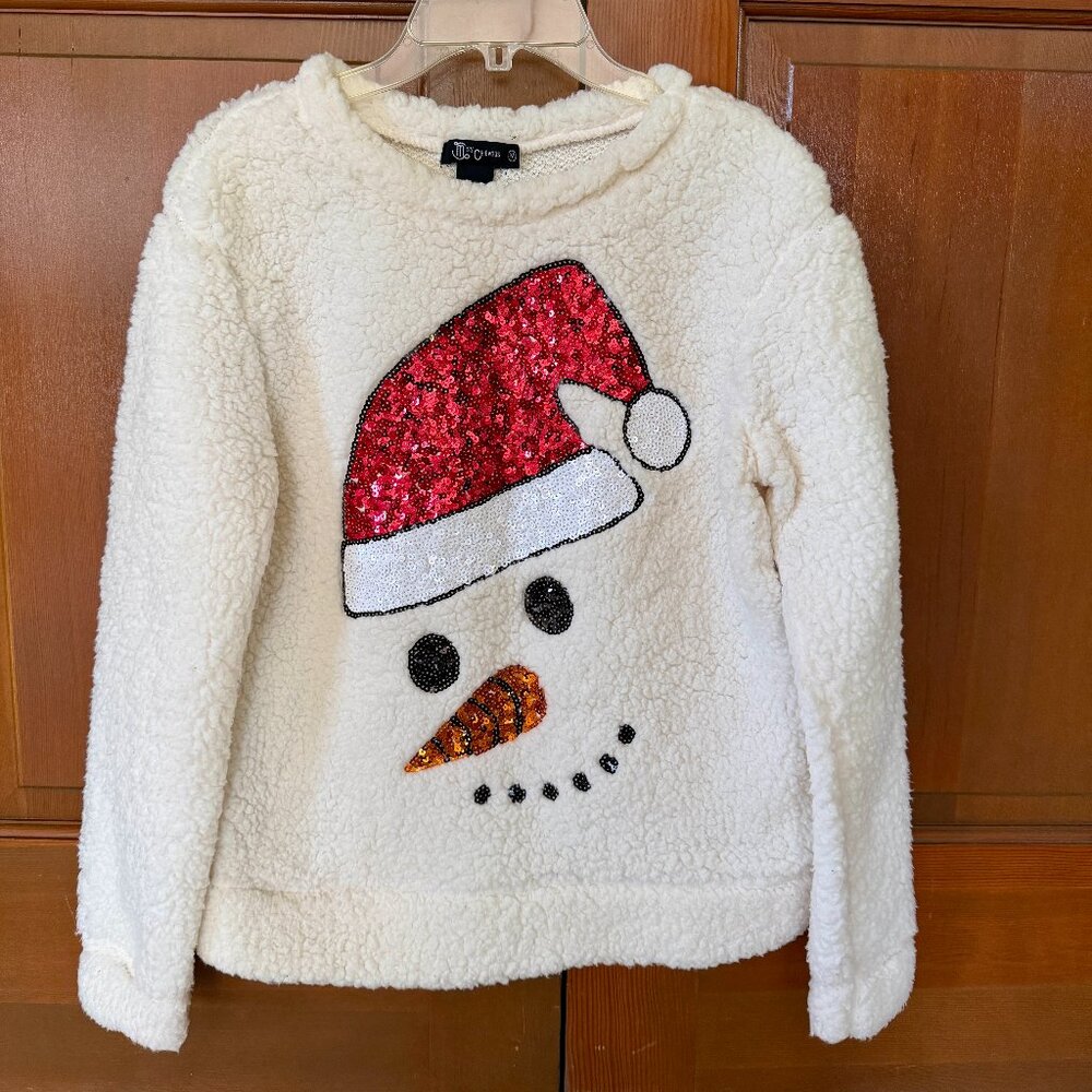 Miss Chievous Faux Shearling Sequin Snowman Sweater, Size M